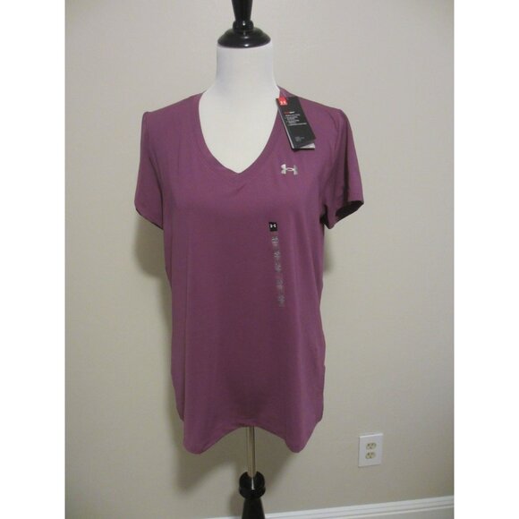 Under Armour HeatGear Loose Fit Purple V-Neck Short Sleeve Womens Shirt LG - Picture 1 of 7
